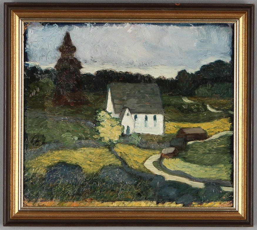 HELMER OSSLUND. TILLSKRIVEN. Lidens gamla kyrka, olja på papp, osignerad.