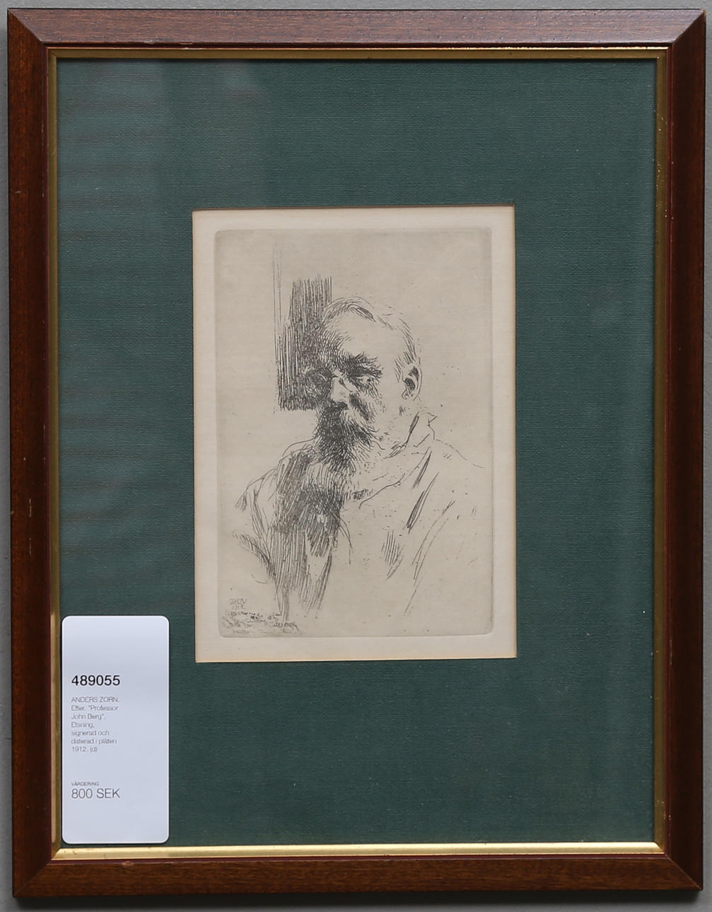 ANDERS ZORN. EFTER. "Professor John Berg". Etsning, signerad och daterad i plåten 1912.