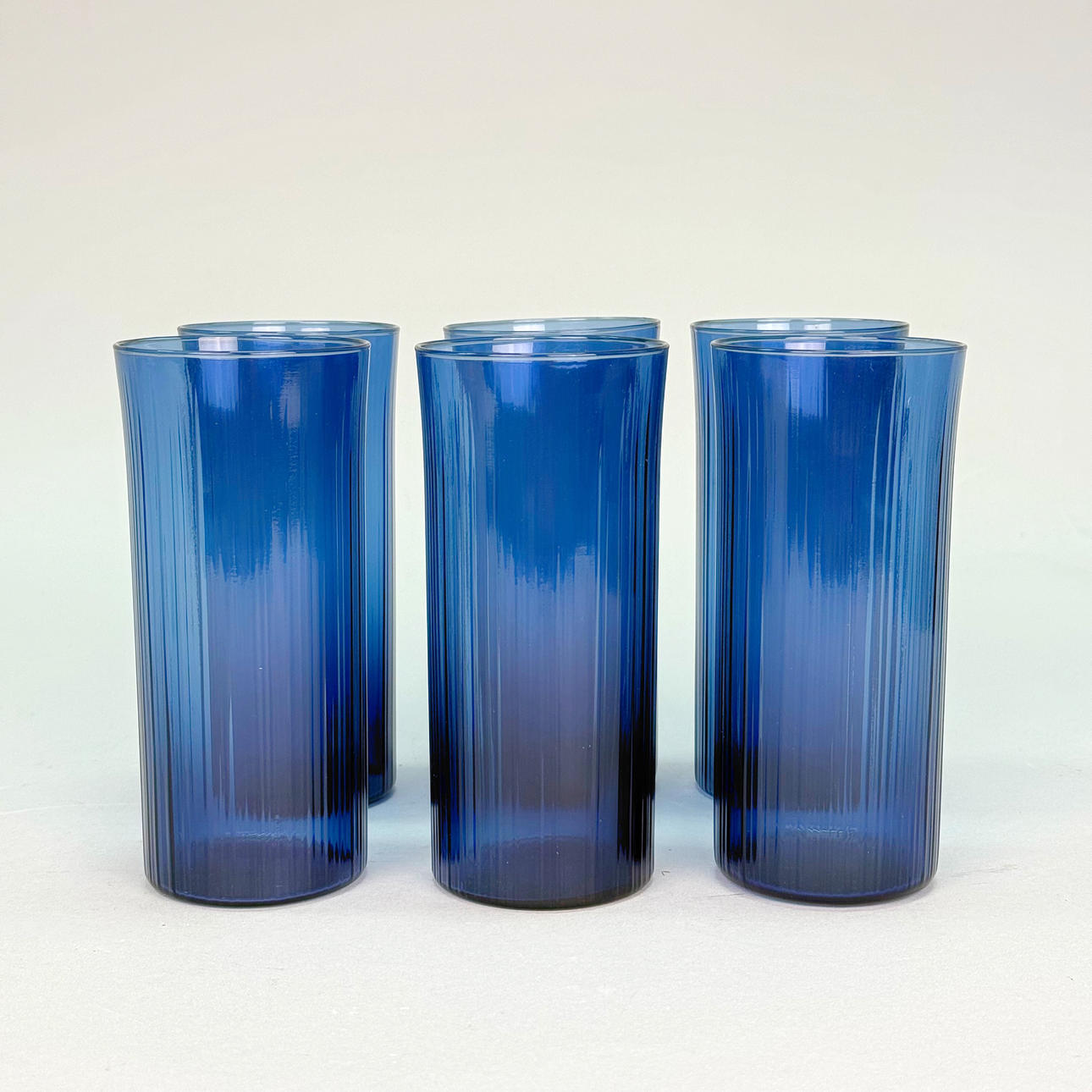 BLUE LONG DRINK GLASSES - 6pcs, fluted.