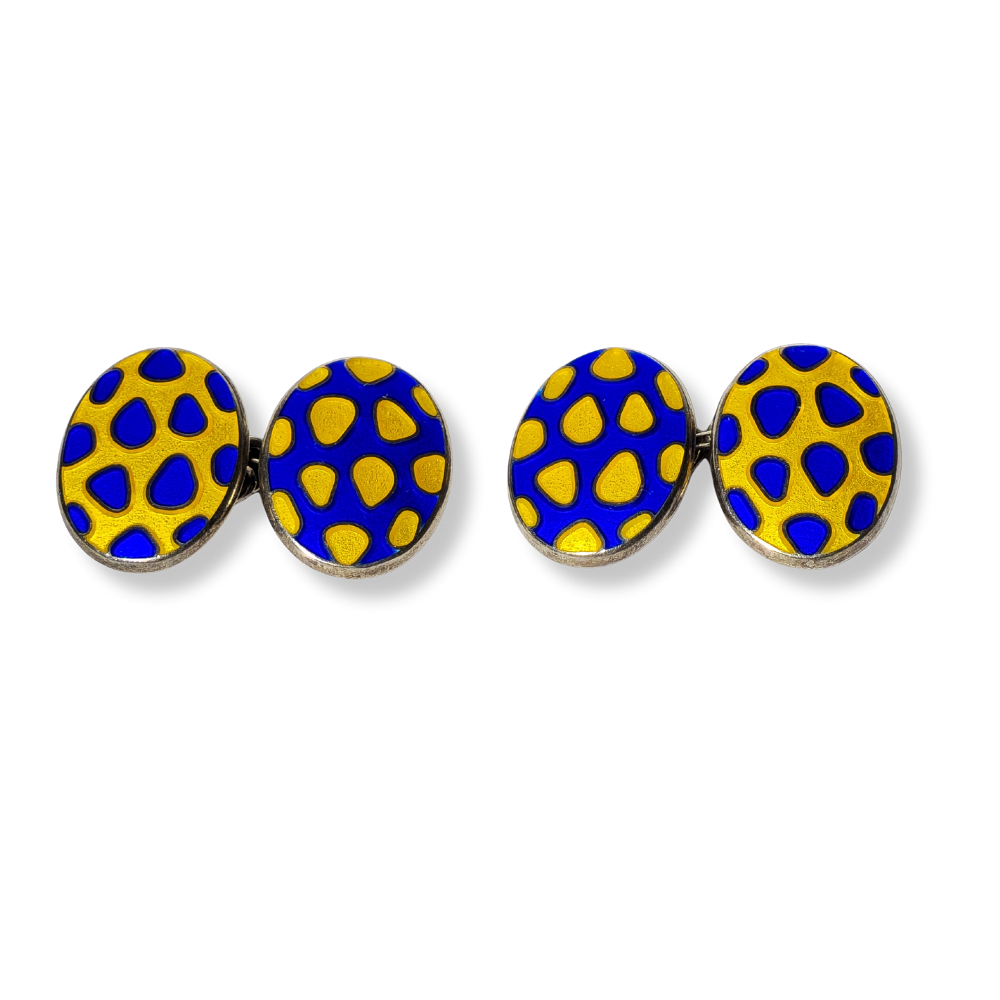 TIFFANY & CO. ENAMELED SILVER POLKA DOT CUFFLINKS.