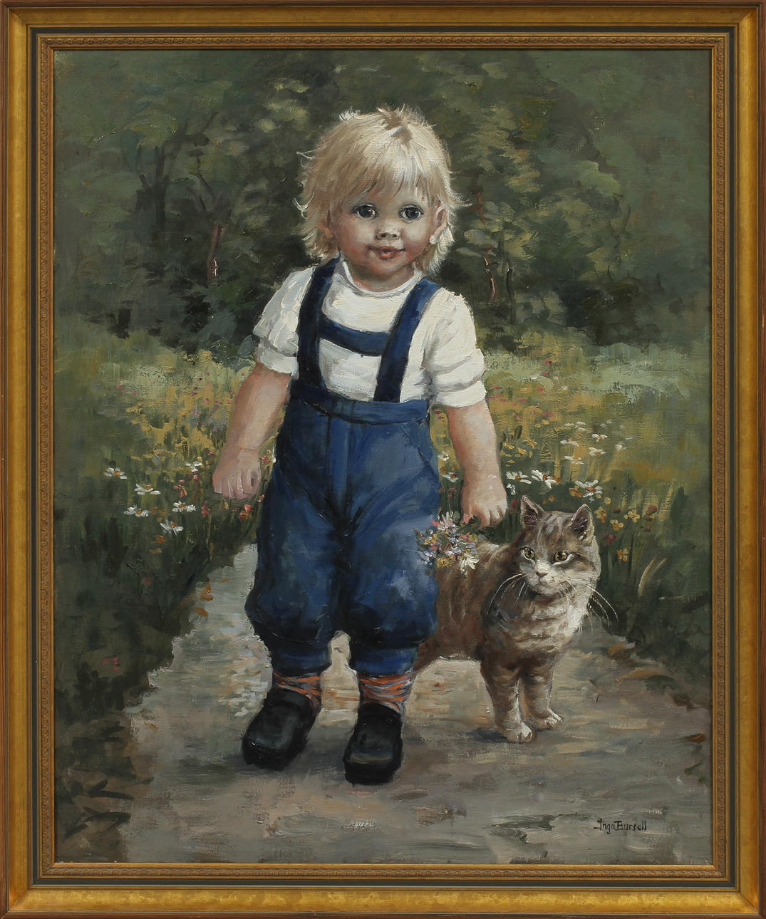 INGA BURSELL. "På promenad med morfars katt..."olja på duk, signerad.