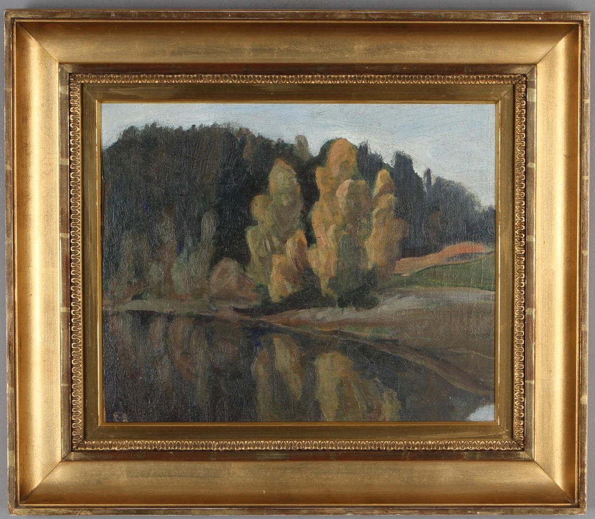 ESTER ALMQVIST. Landskapmotiv, olja på pannå, monogramsignerad.