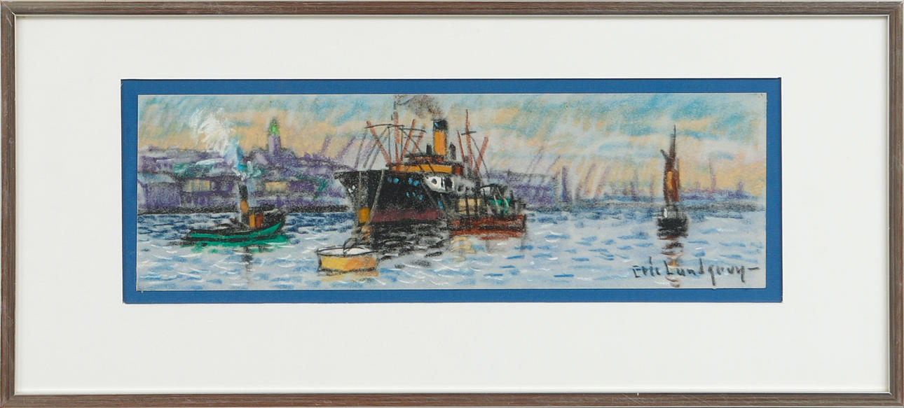 ERIC LUNDGREN. Gothenburg harbour, pastel, signed.