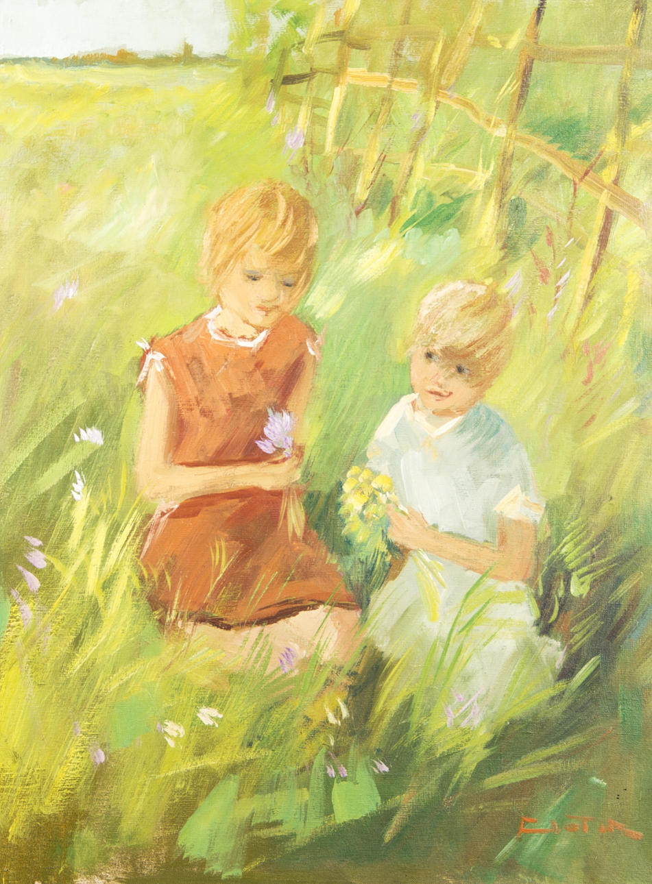 NICOLAI COSTER. Barn på sommaräng, olja på duk, signerad Coster.