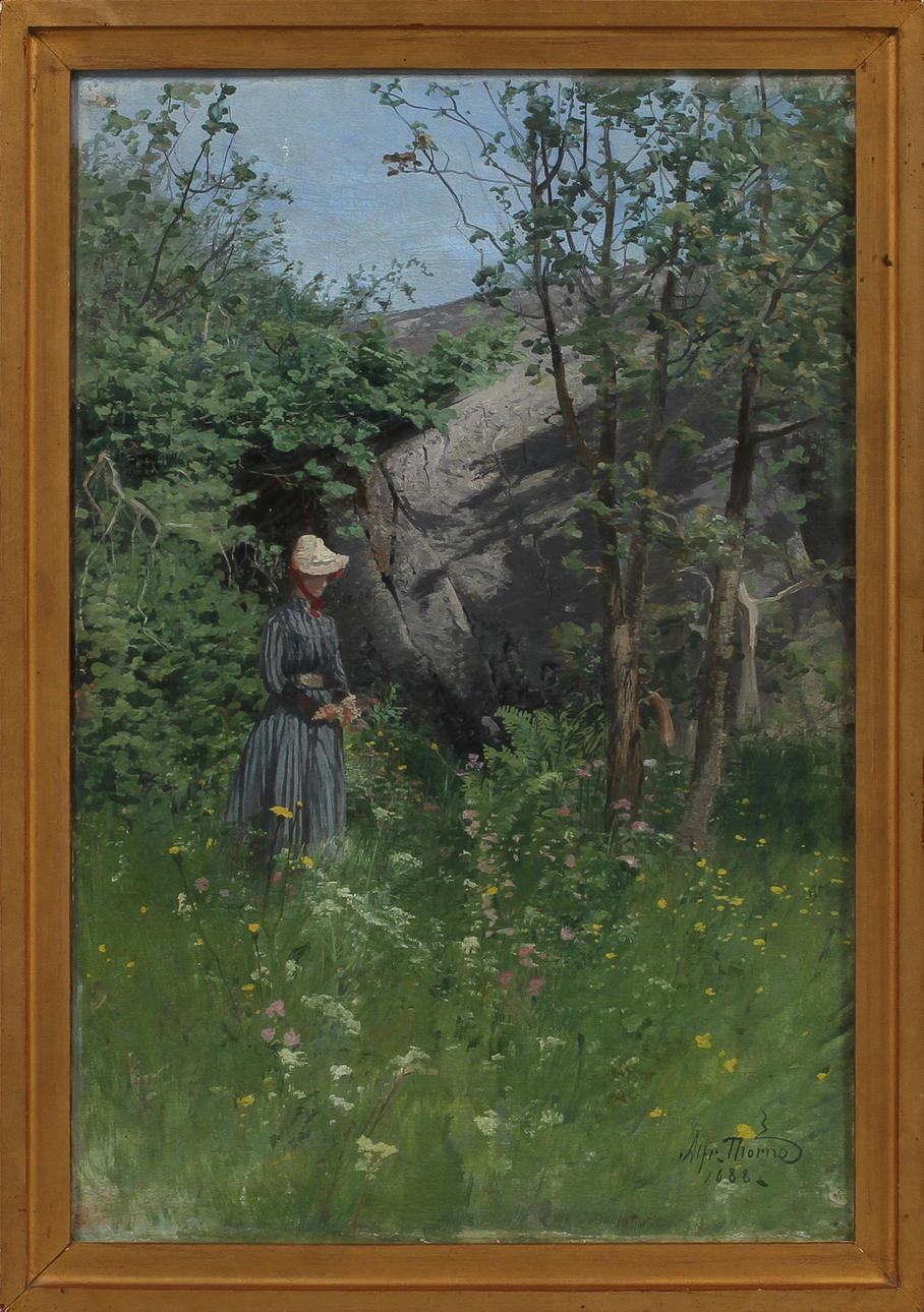 ALFRED THÖRNE. Figur i grönskande landskap, olja på duk, signerad och daterad 1888.
