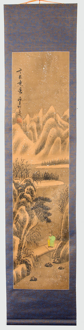 SCROLL, landscape with mountains and figures. 20th century.