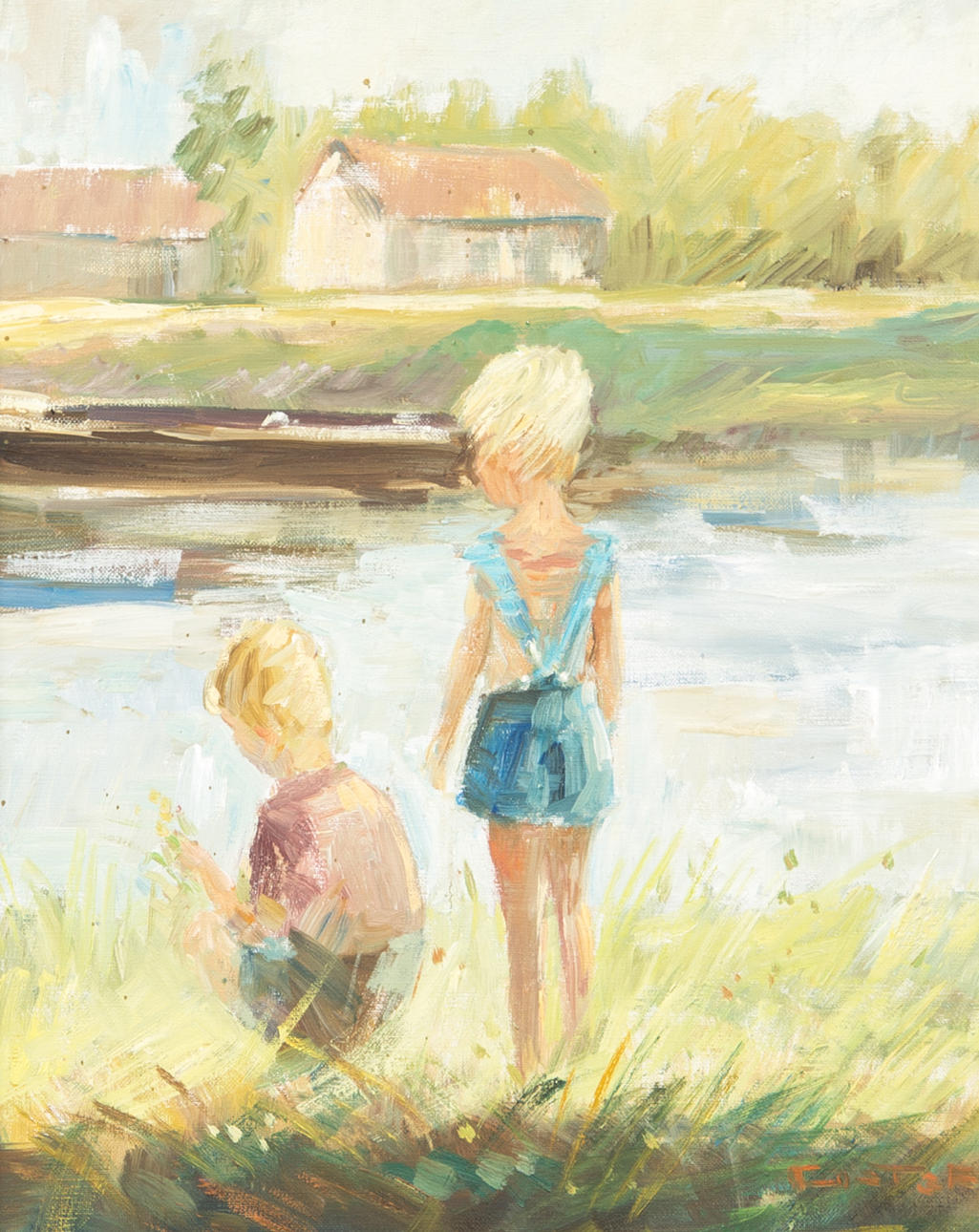 NICOLAI COSTER. Barn vid vattenbryn, olja på duk, signerad Coster.