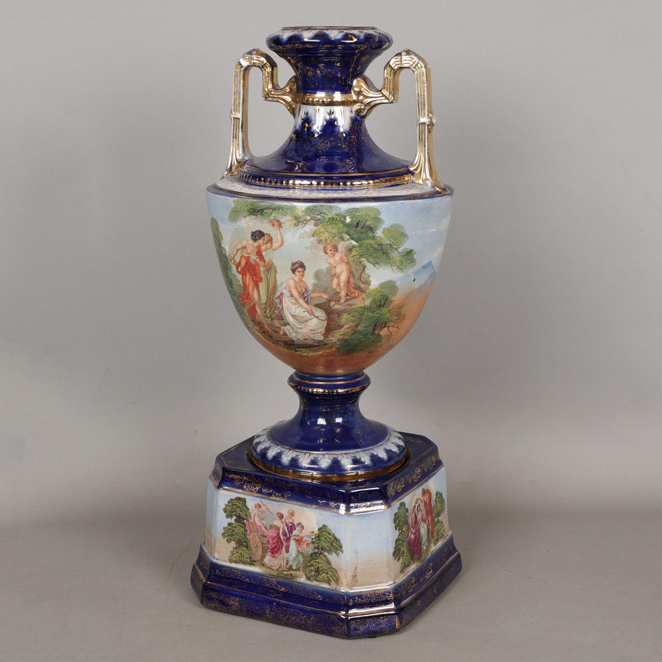 A LARGE LATE VICTORIAN COBALT BLUE CLASSICAL VASE.