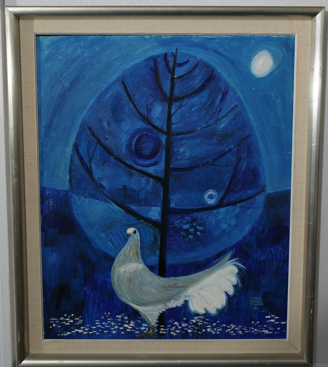KERSTIN LUNDBERG STENMAN. Olja på pannå, Vit duva, signerad, daterad 1968.
