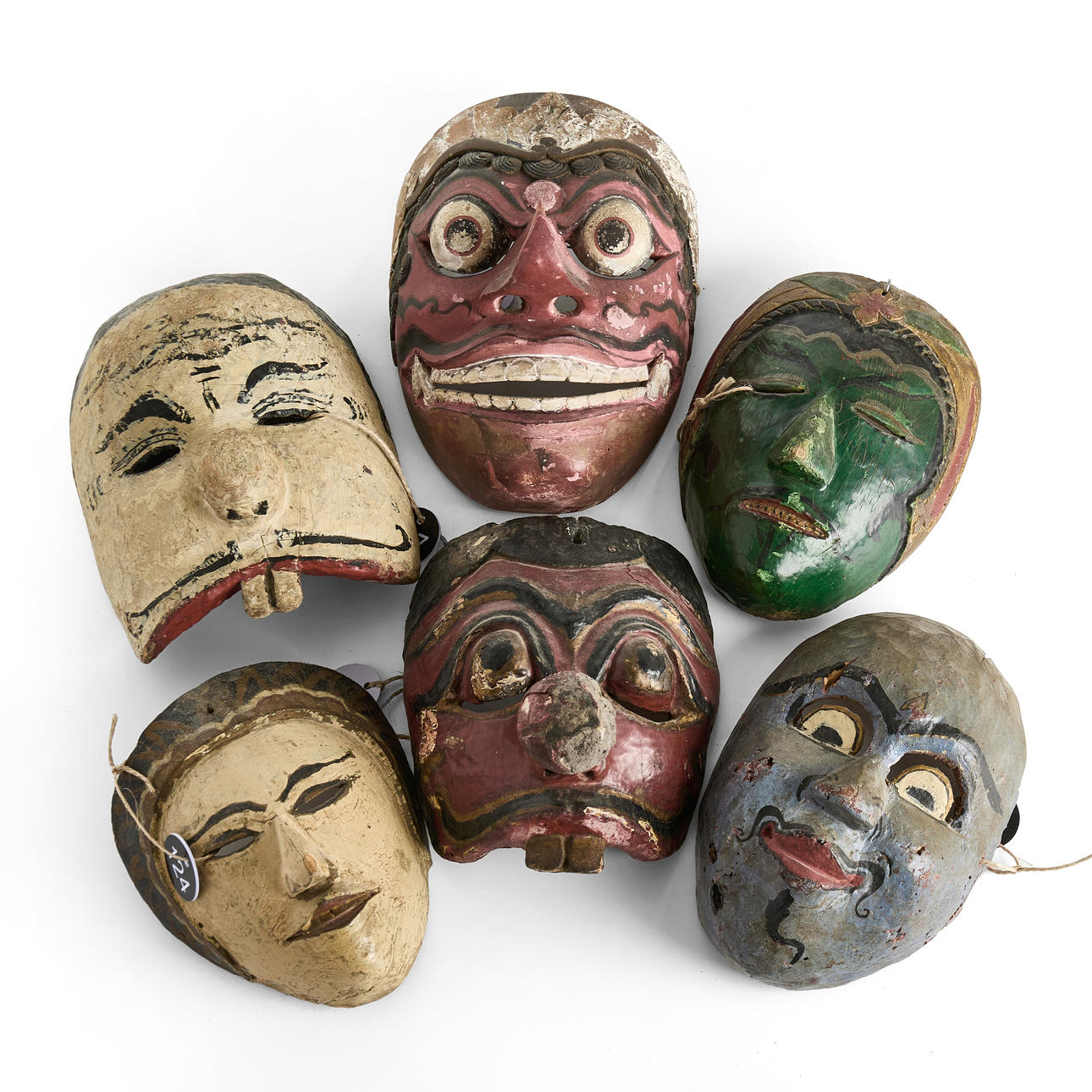 MASKS 6 pcs, wayang topeng, older and newer, Java/Bali, late 20th ...