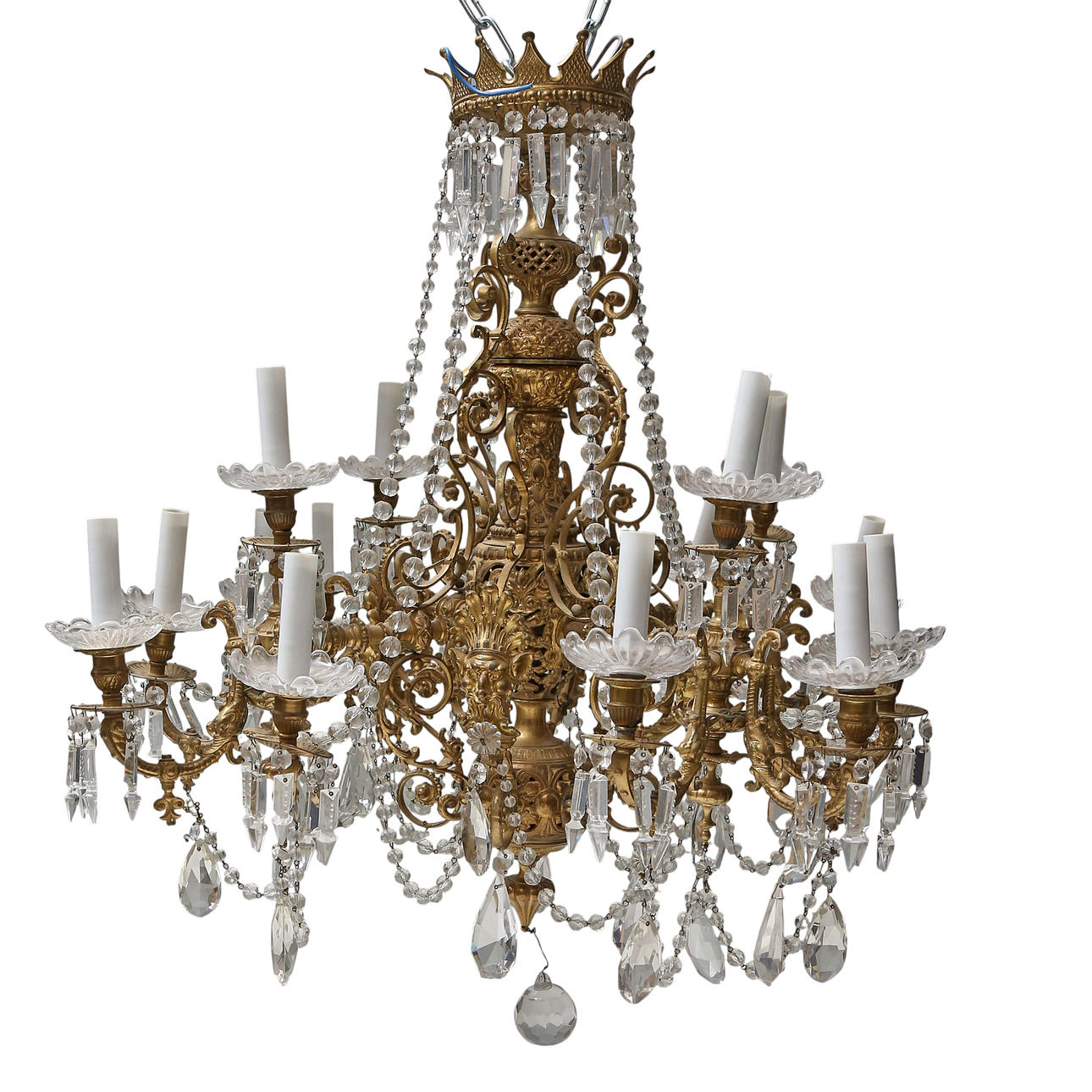 French ceiling lamp in gilt bronze with strings of beads and pendants ...