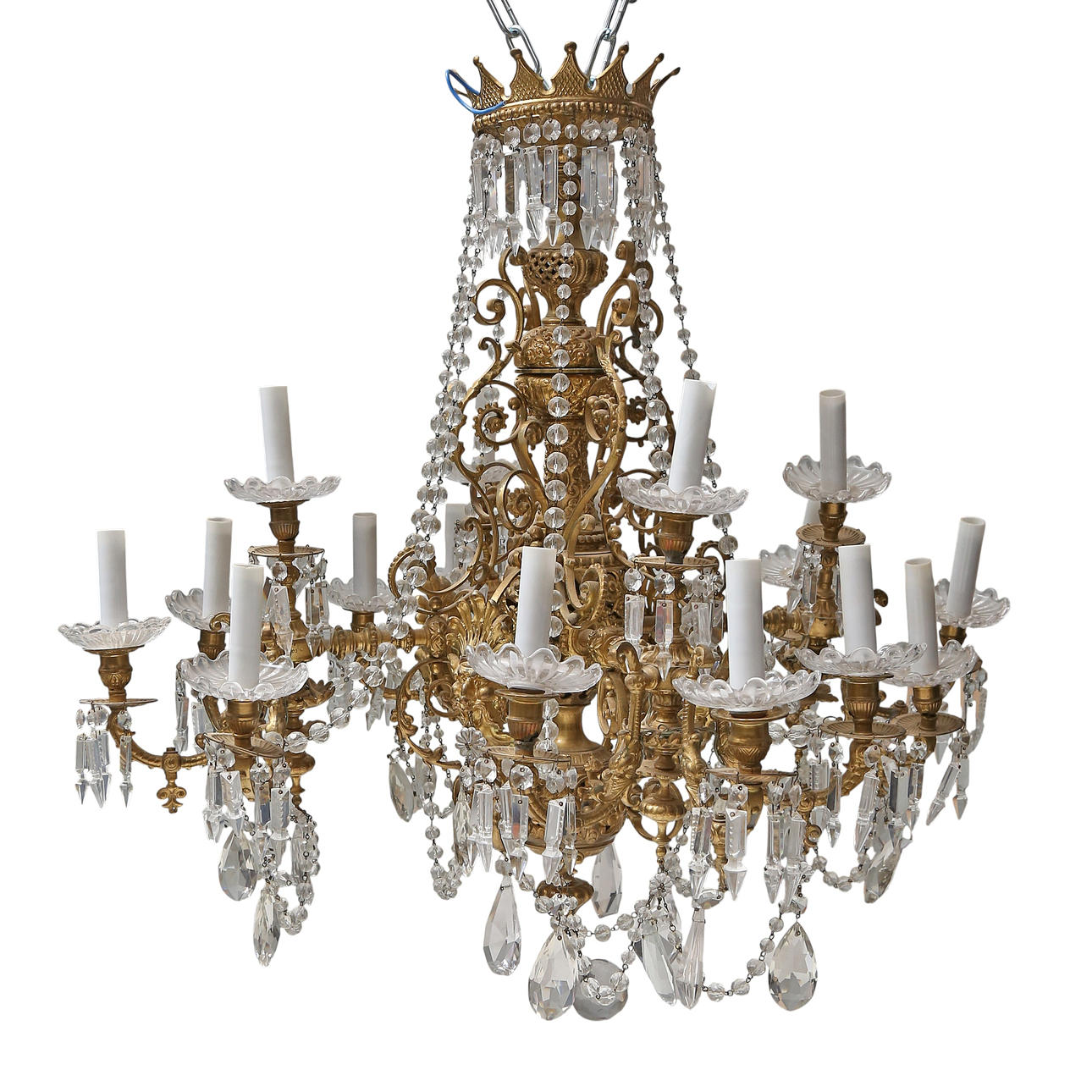 French ceiling lamp in gilt bronze with strings of beads and pendants ...