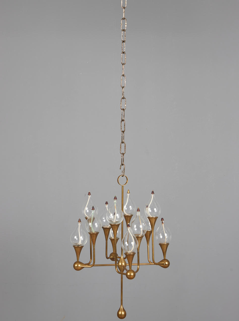 FREDDIE ANDERSEN. Ceiling light/Clear Drops oil lamp, brass, glass, ca ...
