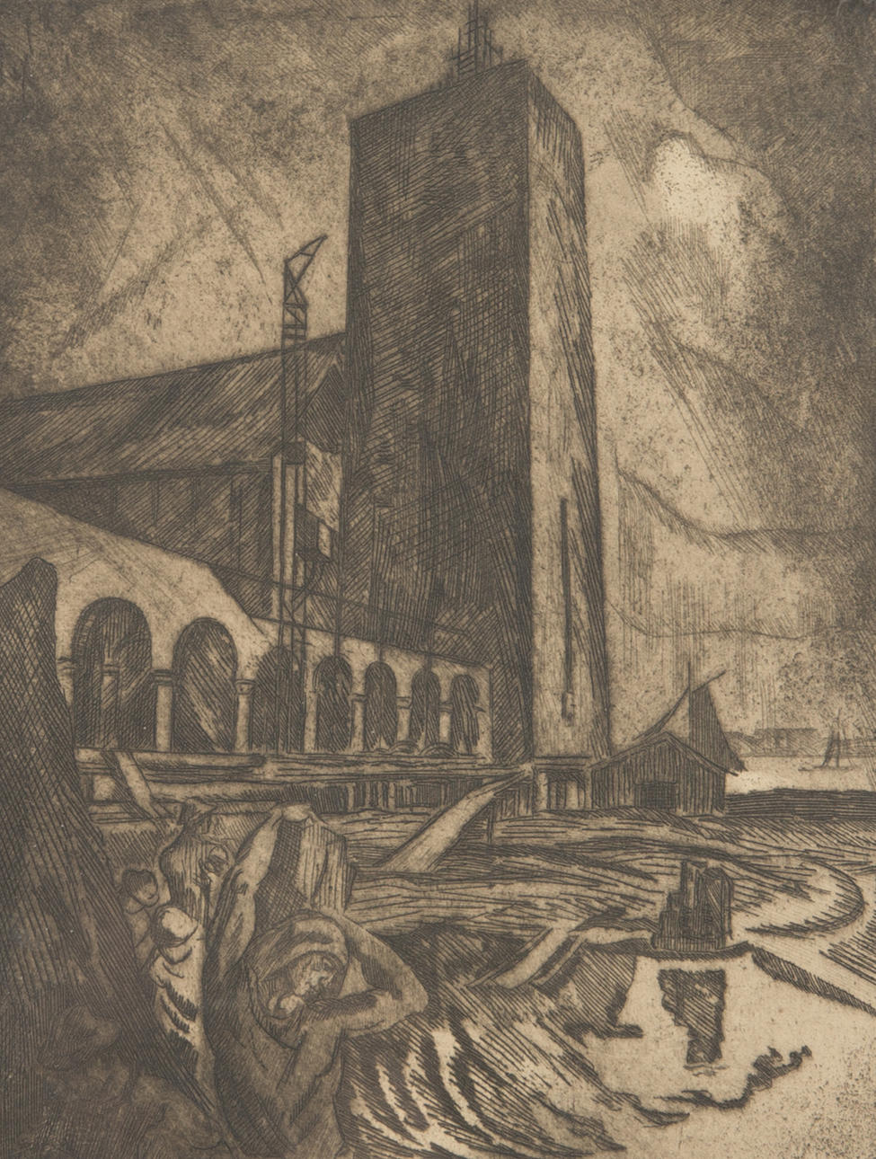 AXEL TÖRNEMAN. Hamnmotiv, etsning, signerad med dedikation.