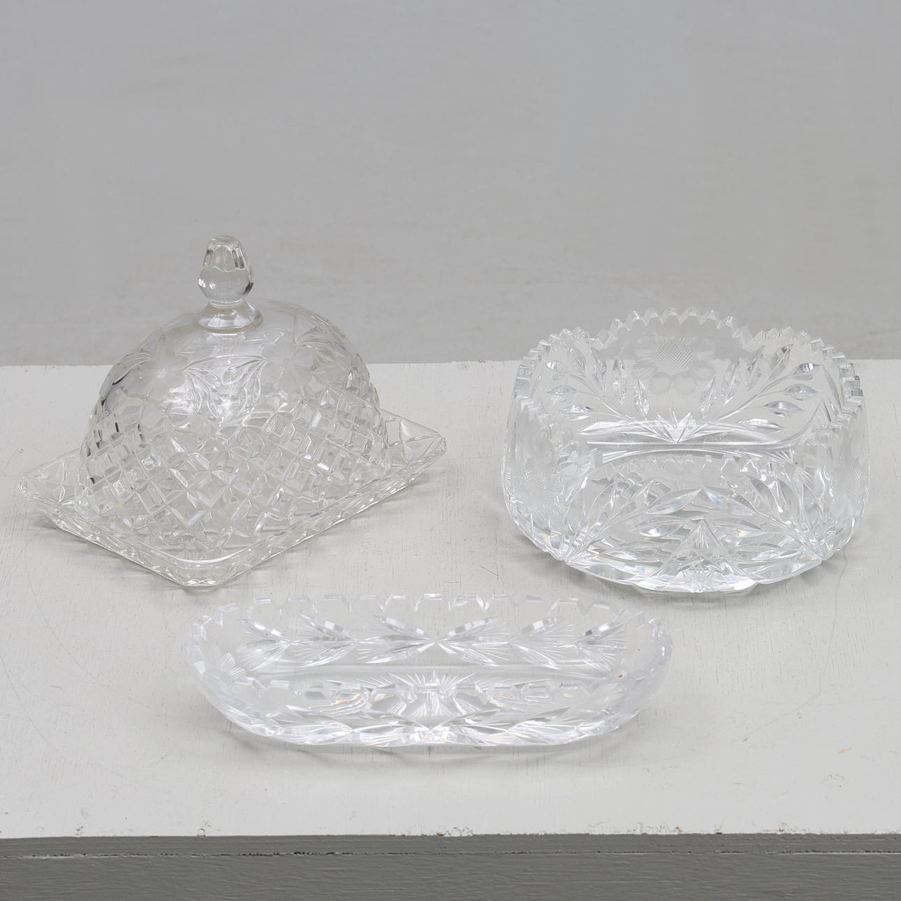 GLASS OBJECTS, 3 pieces, cut decor.