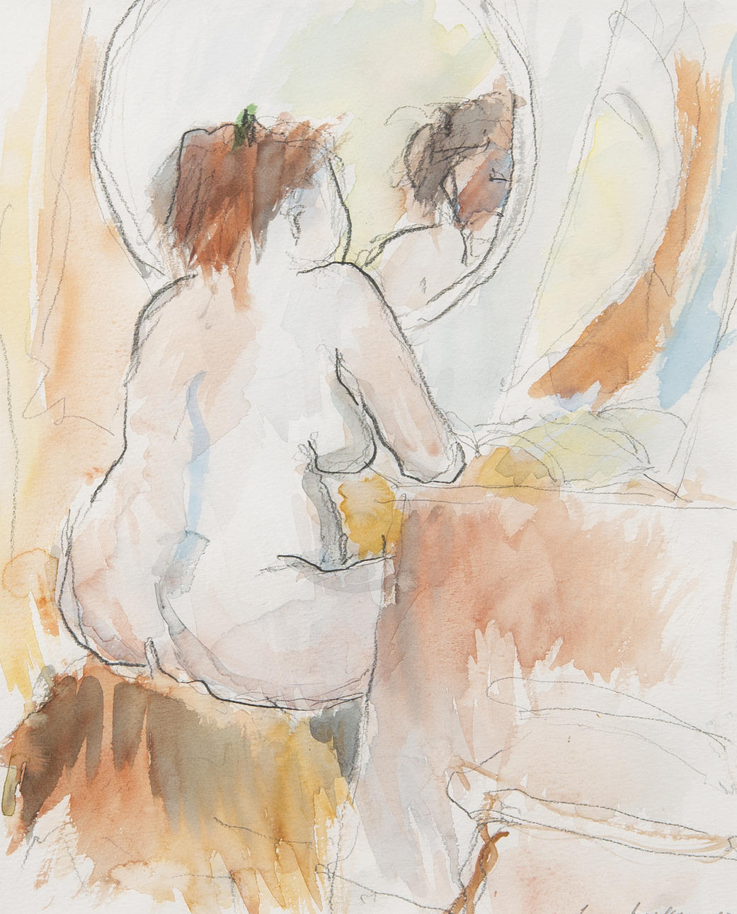 LENA KARLSSON. Kvinna med spegel, akvarell, signerad -93.