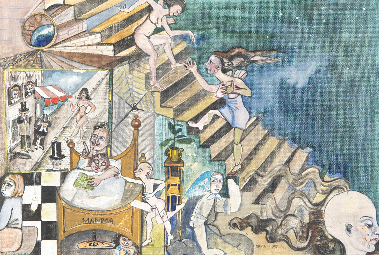 SILVIA HELPERIN. "Freudianskt", olja på pannå, signerad Silvia H. -75.