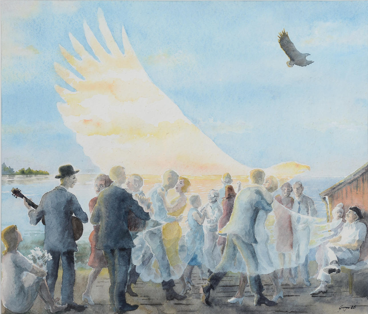 OIDENTIFIERAD KONSTNÄR. Dance floor by a bay, watercolour, signed, dated -86.
