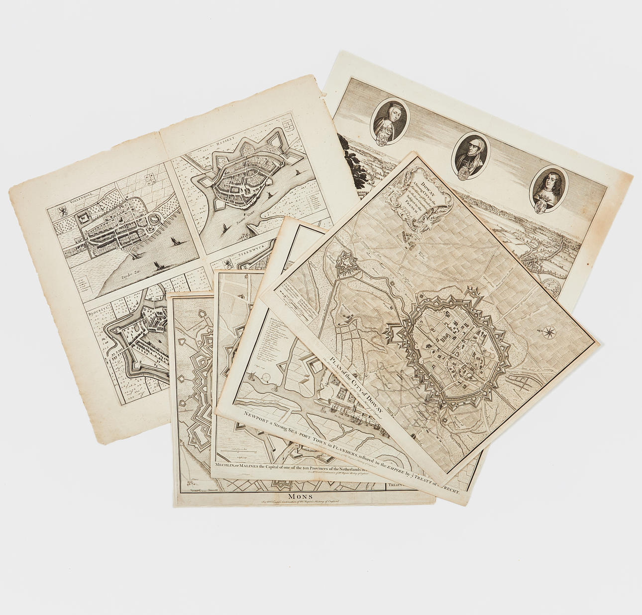 7 SHEETS WITH CITY PLANS FROM FLANDERS, C. 1750.