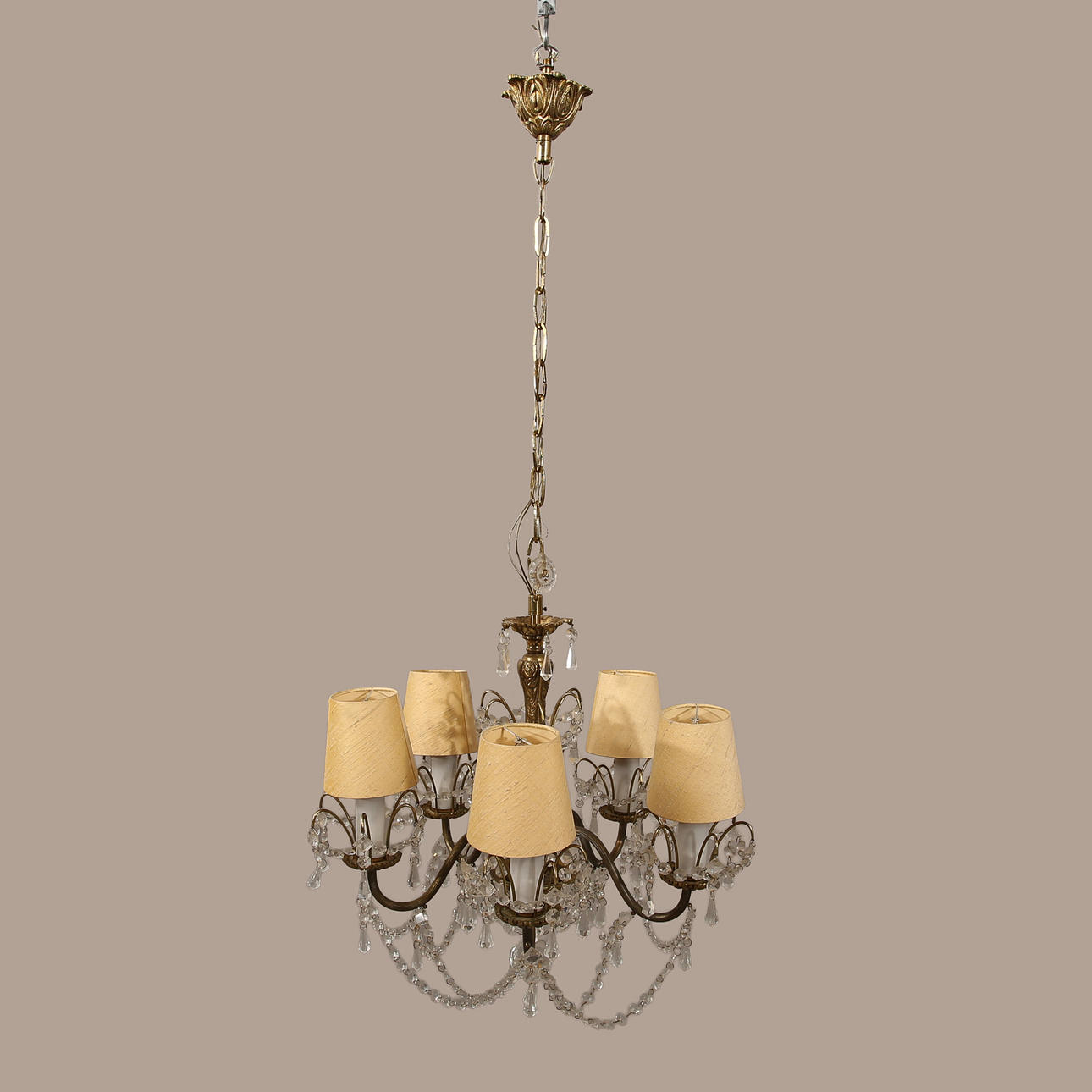 CEILING LAMP, brass, glass prisms, 5 light sources.