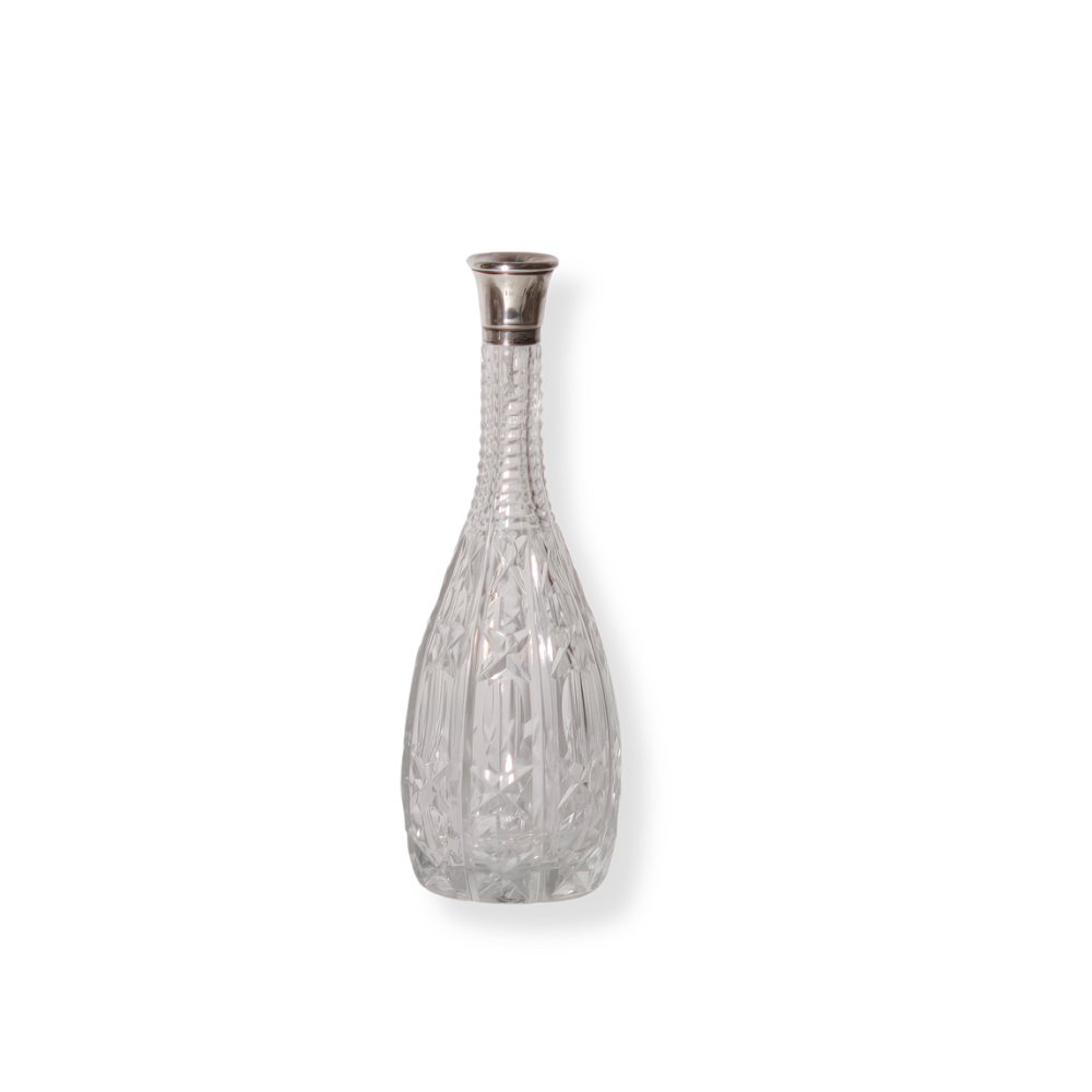 SILVER CARVED GLASS BOTTLE.