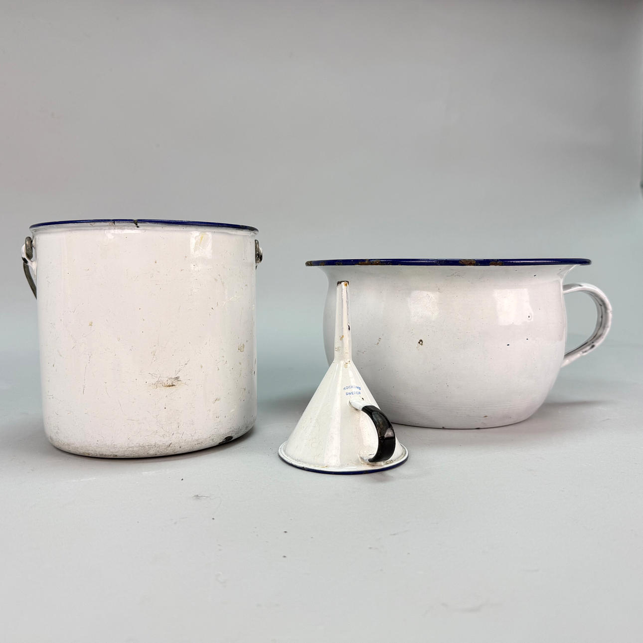 ENAMEL OBJECTS bucket, pot and funnel from cocum, 1900's.
