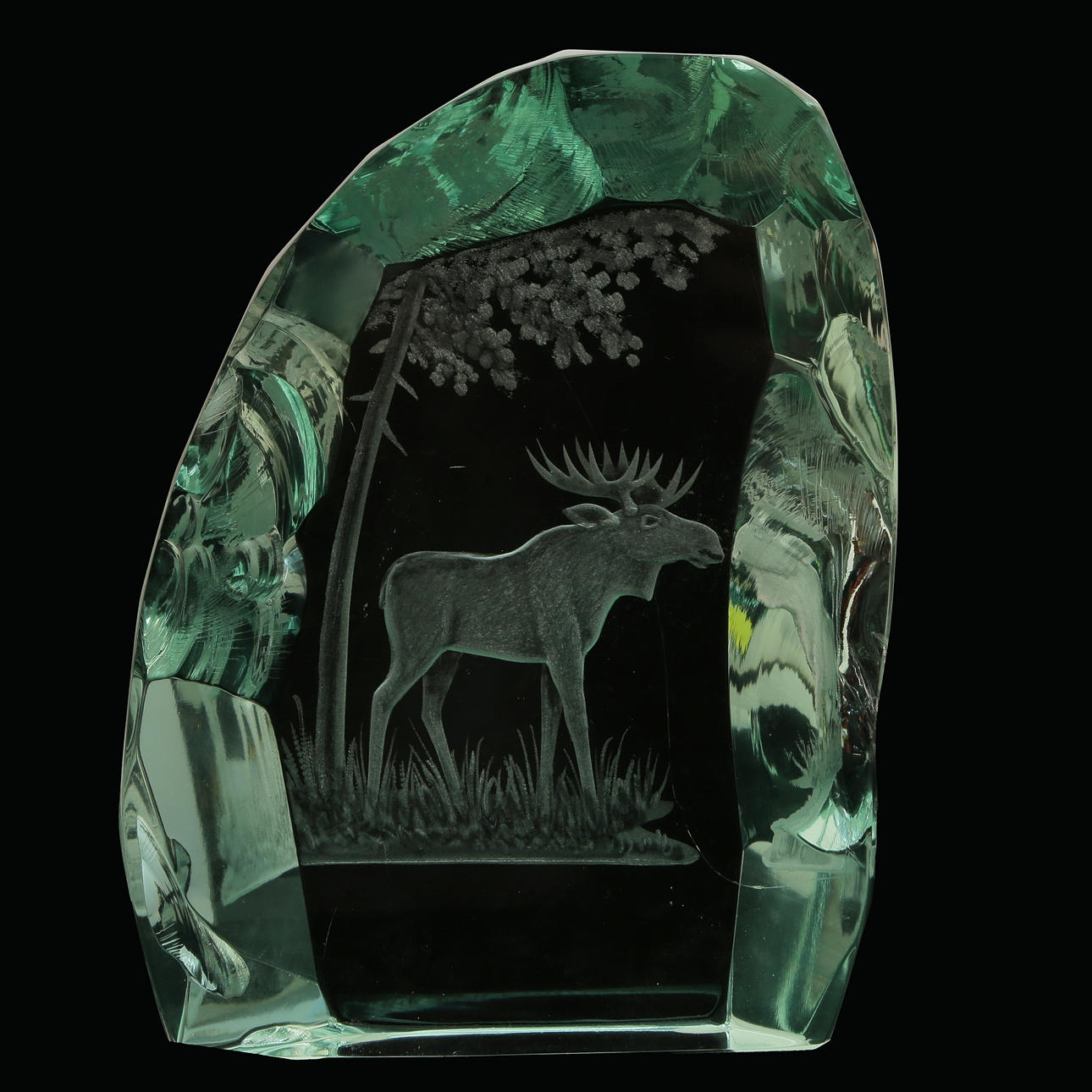 ART GLASS, GLASS BLOCK “MOOSE” SIGNED.