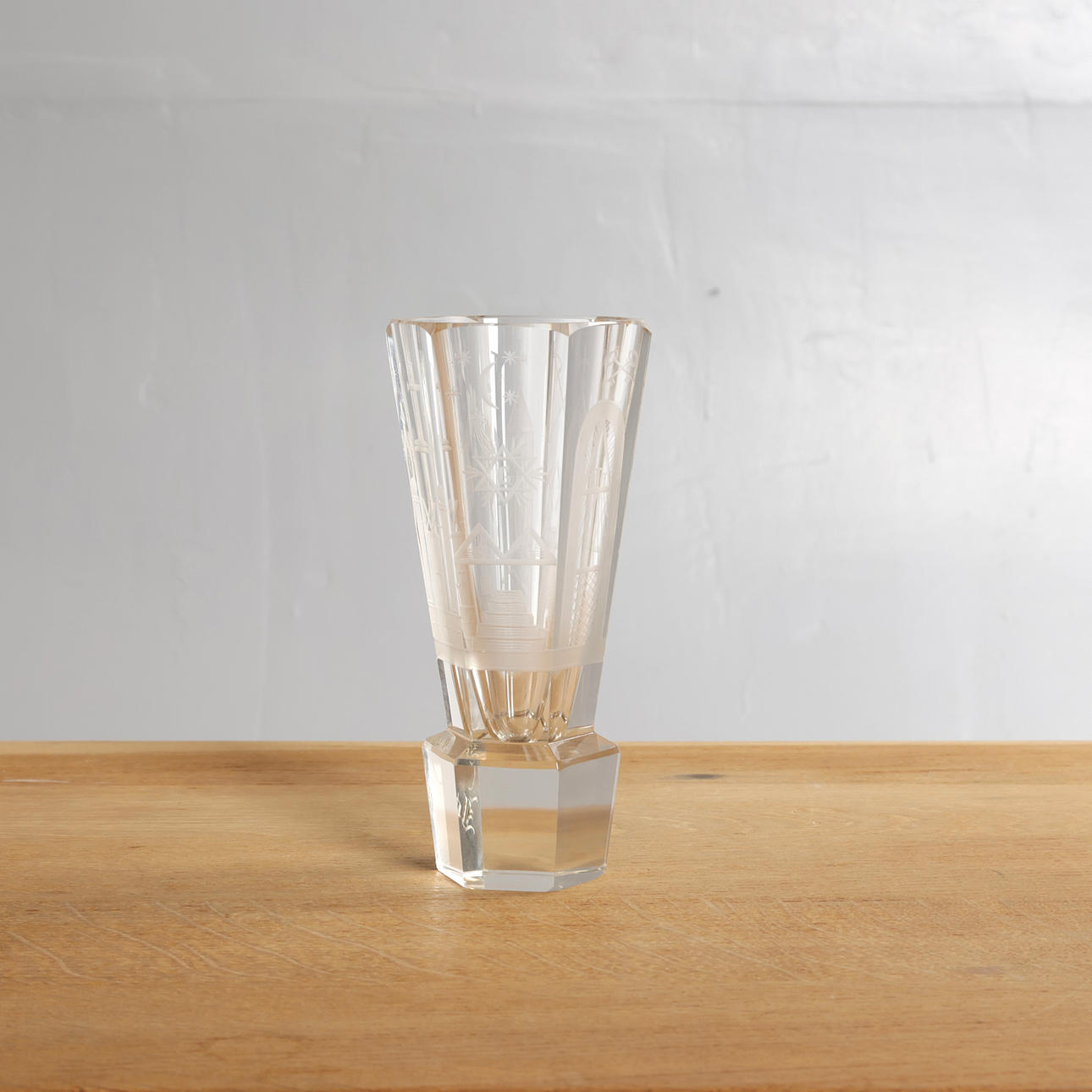 Masonic glass with sharpened motif, hexagonal, solid base.