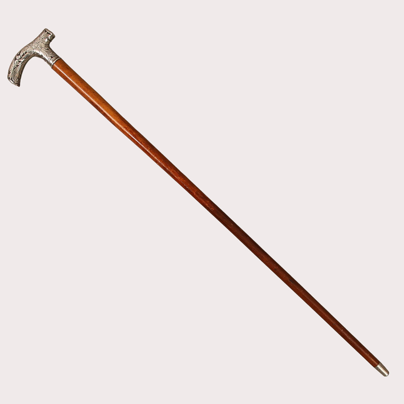 CANE, T-handle in silver, stamped, lacquered Spanish pipe, initials ...