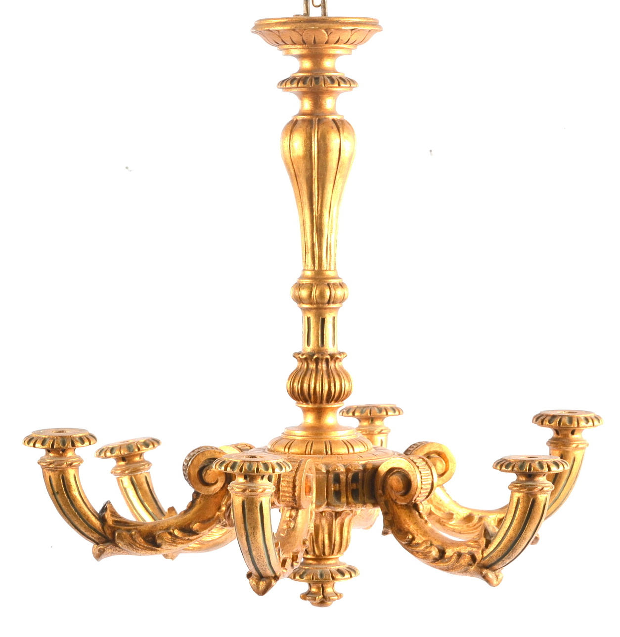 TAKLAMPA, trä, 6 armar, barockstil, 1900-tal.