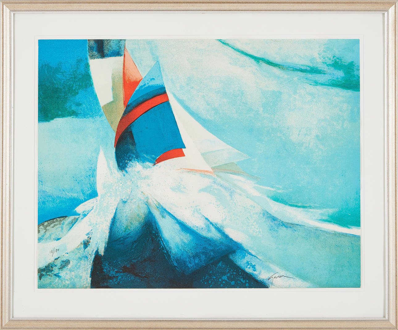 CLAUDE GAVEAU. Sailboat, signed and numbered, colour lithograph.