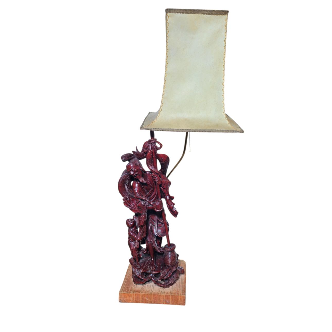 Table lamp with oriental figures in carved wood.