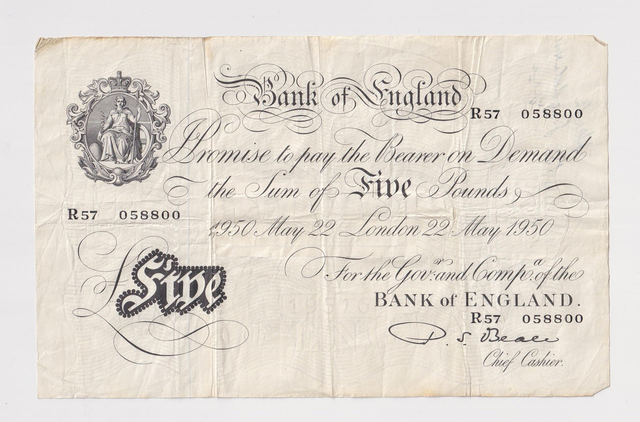 1950 WHITE FIVE BANK NOTE.