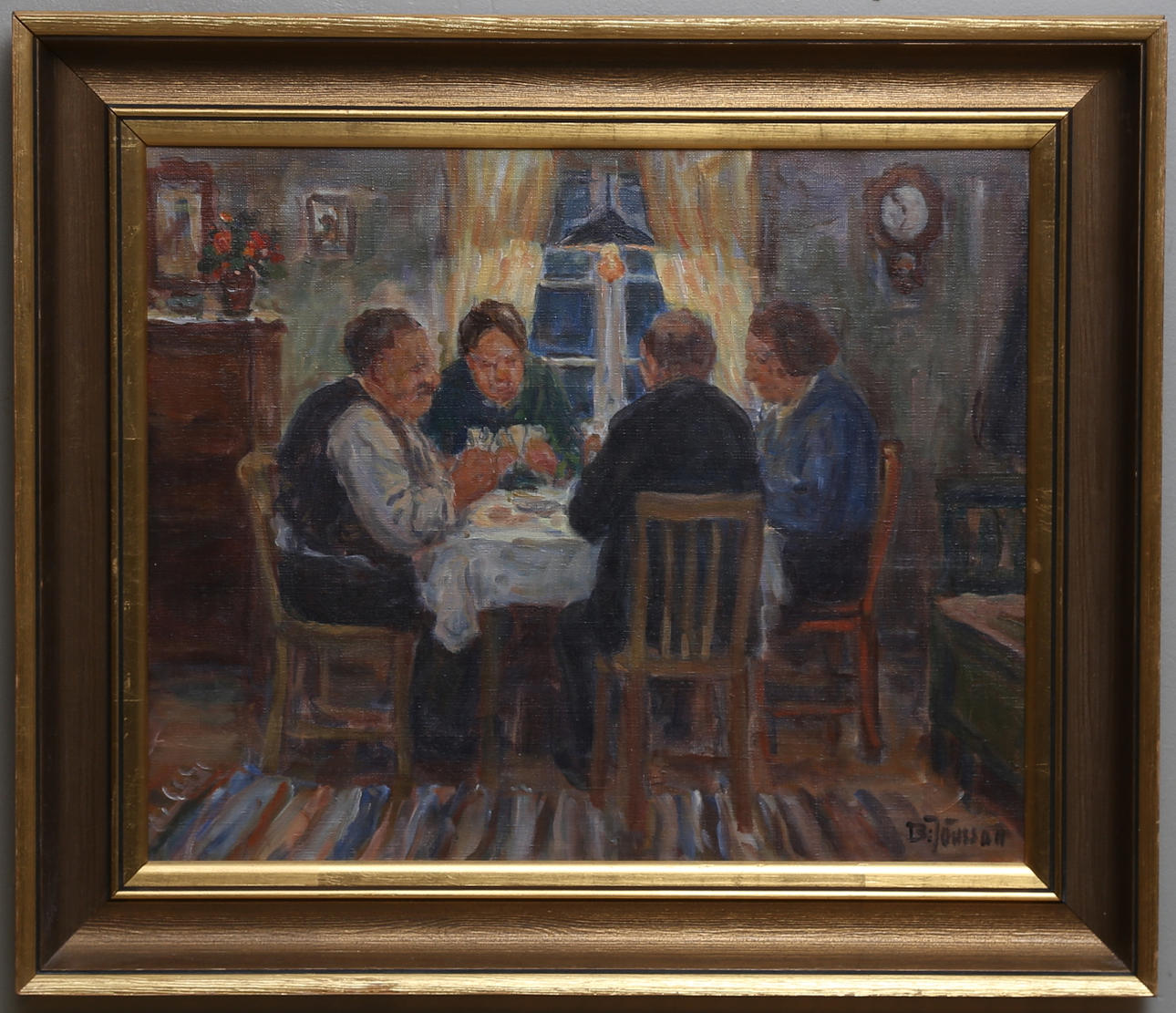 BROR JÖNSSON. Familj vid middagsbord. Olja på duk. Signerad.