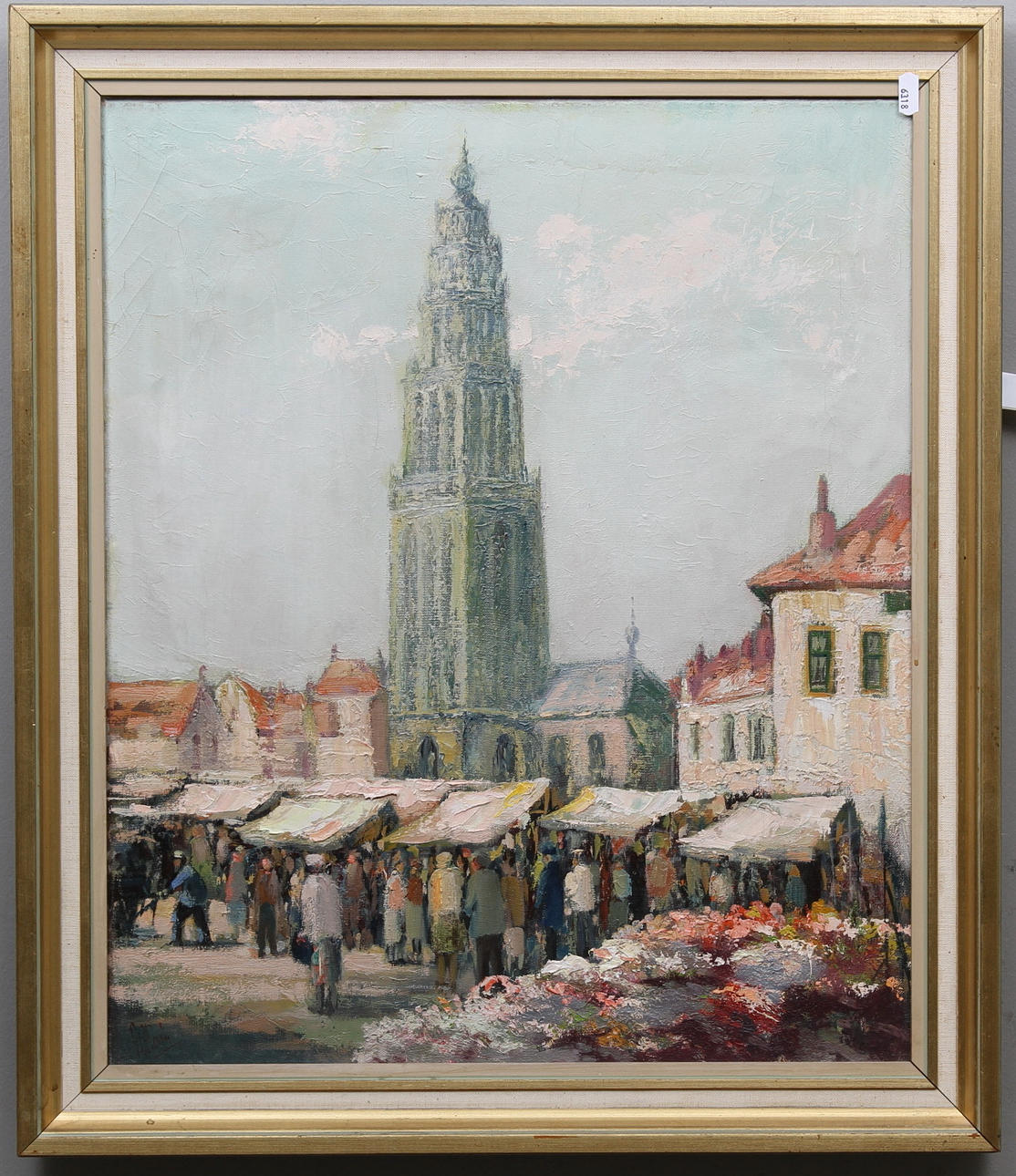 OKÄND KONSTNÄR. Torghandel. Olja på duk. Signerad.