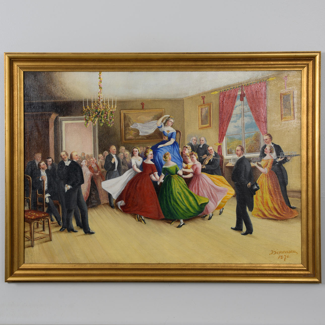 OIDENTIFIERAD KONSTNÄR. Wedding party, oil on panel, signed j johanzon, dated 1870.