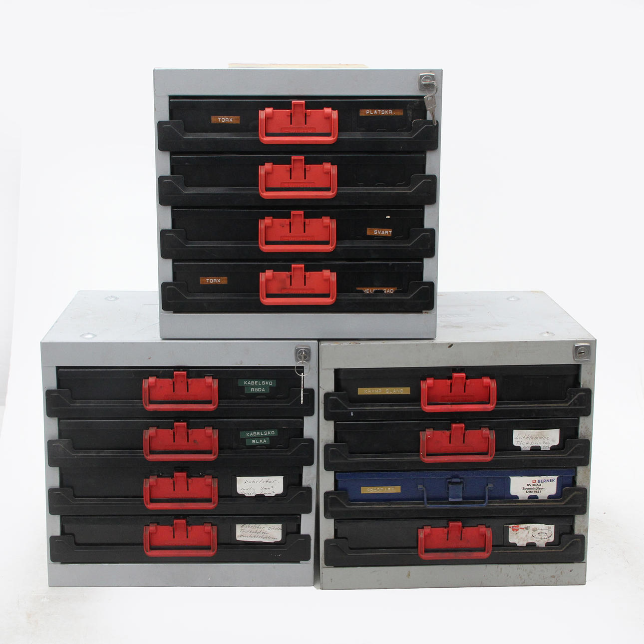 TOOL BOXES, metal, 3 pcs with boxes and contents. wurth..