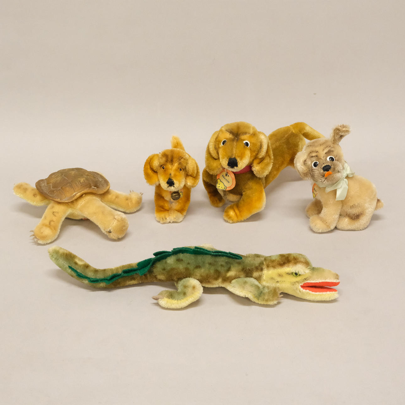 STEIFF, TOY ANIMALS, 1950S/60S, FIVE PIECES.