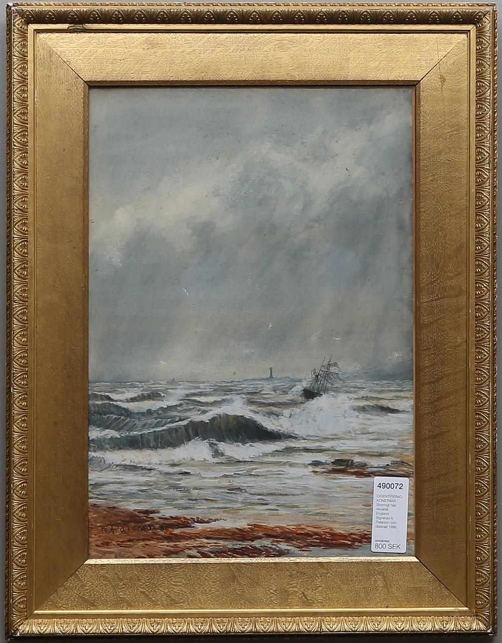 OIDENTIFIERAD KONSTNÄR. Stormigt hav. Akvarell, England. Signerad A Paterson och daterad 1886.
