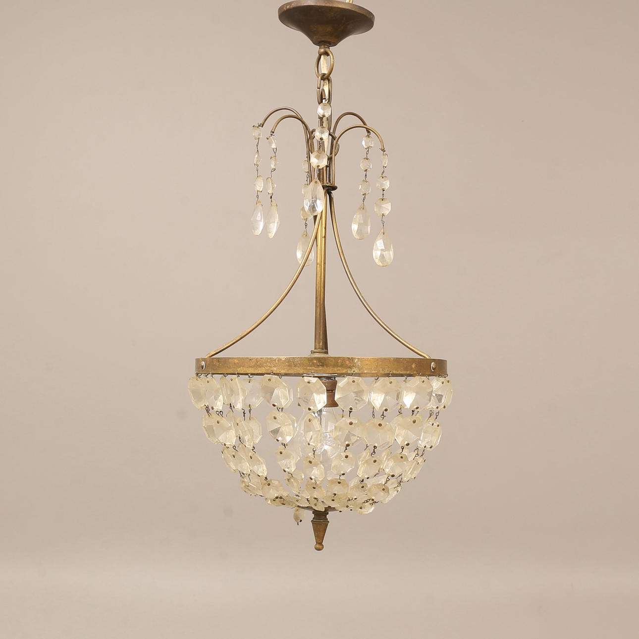 A metal ceiling lamp, prisms, 20th century.