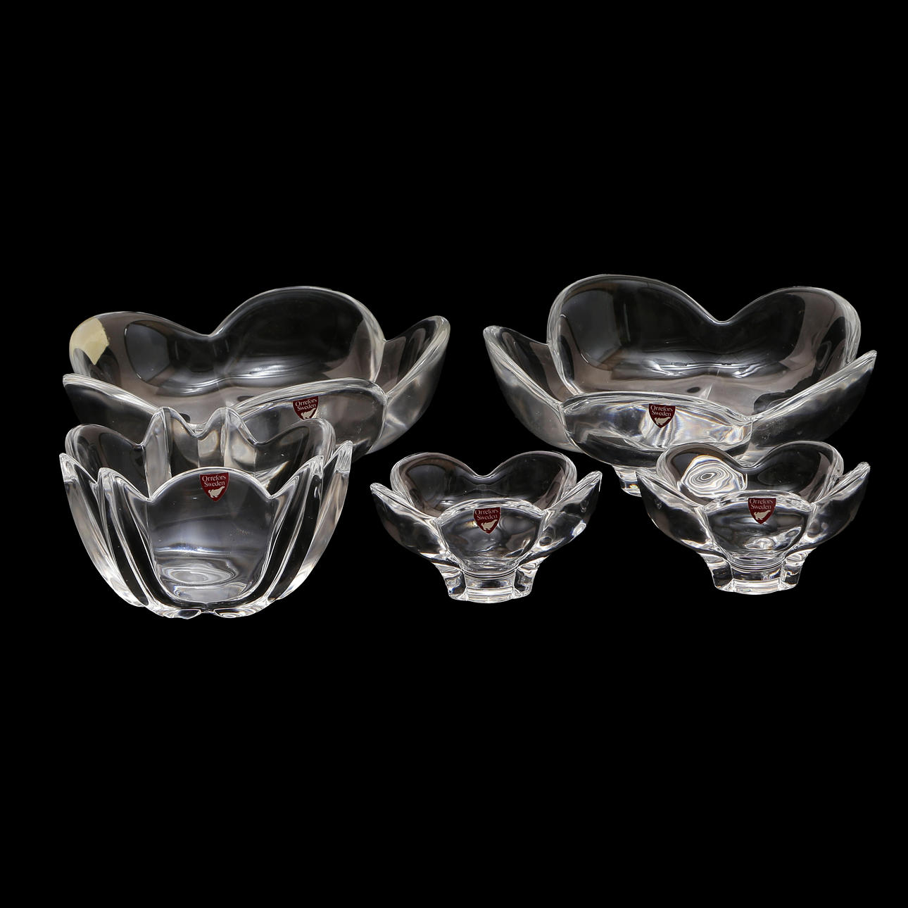 5 SKÅLAR "POMONA" SIGNERADE, LARS HELLSTEN, ORREFORS.