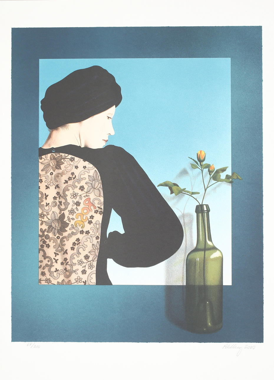 OLE AHLBERG. Kvinna med flaska, färglitografi nr 64/200, signerad Ahlberg och daterad 2000.