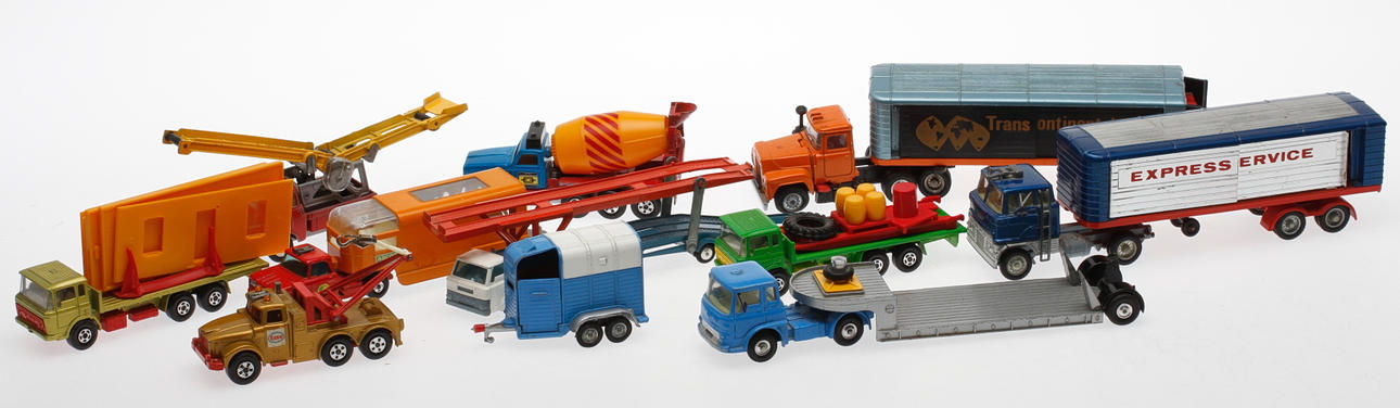 PARTI LEKSAKSBILAR, lastfordon, Matchbox, Corgi, Husky.