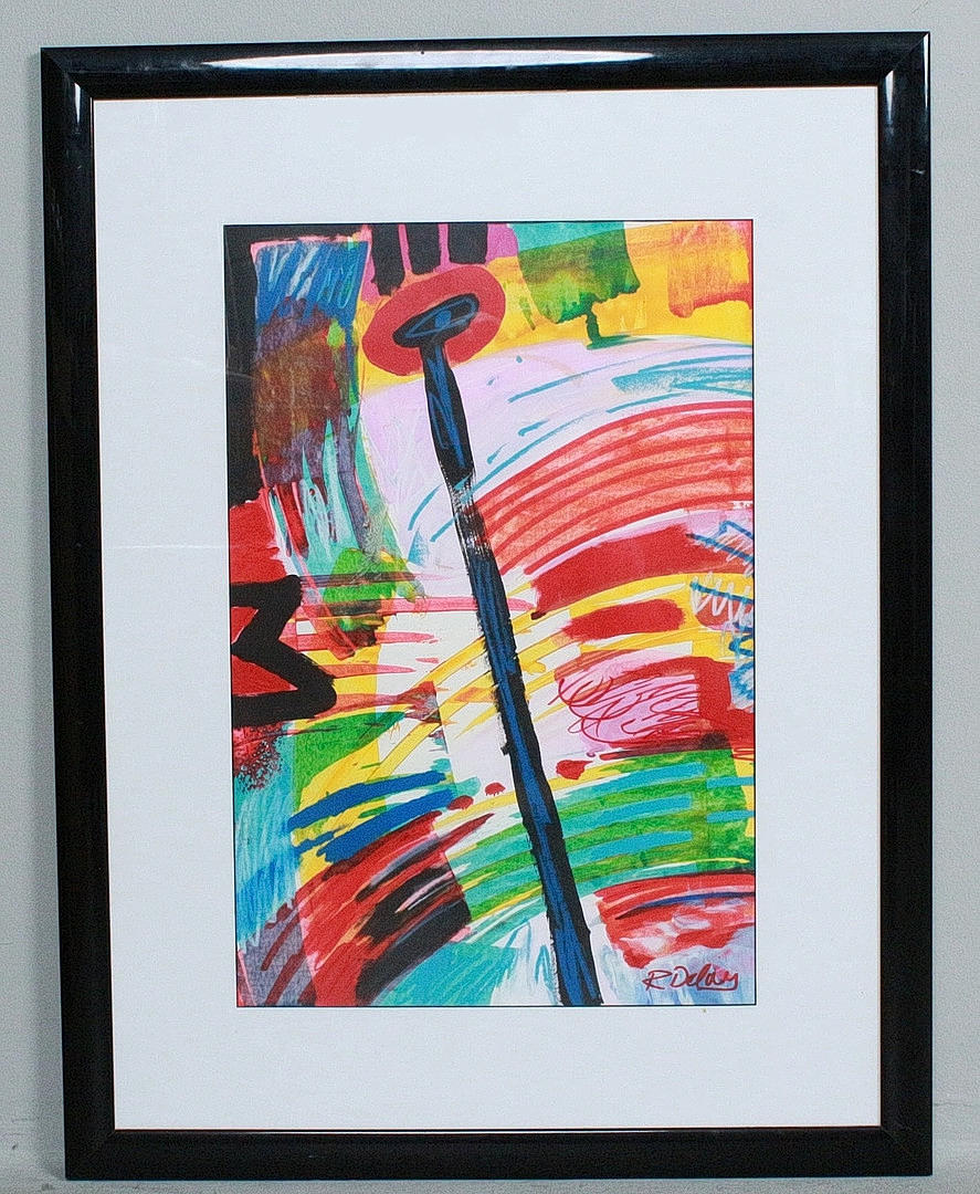 R. DELAY. 'Colourful composition', acrylic on paper, signed.