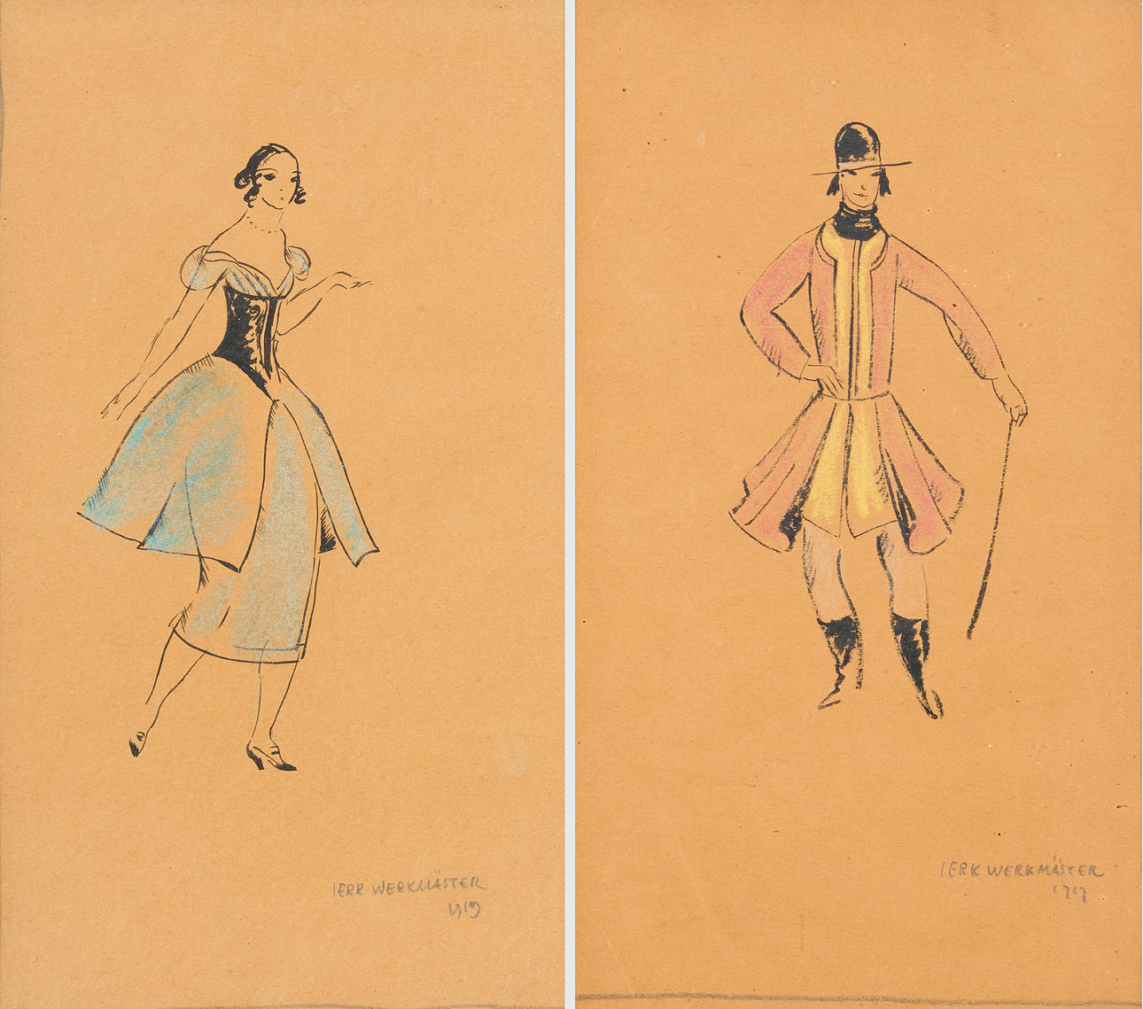 JERK WERKMÄSTER. Dräktstudier, 2 st.