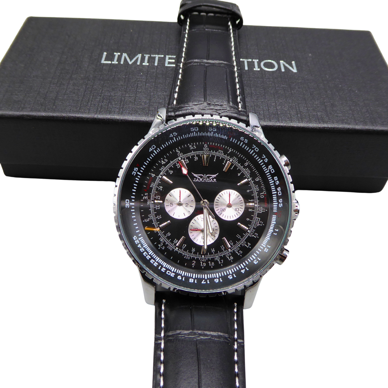 JARAGAR 6907 AUTOMATIC WATCH WITH BLACK LEATHER STRAP AND MULTIFUNCTIONAL DIAL, MEN'S WATCH.