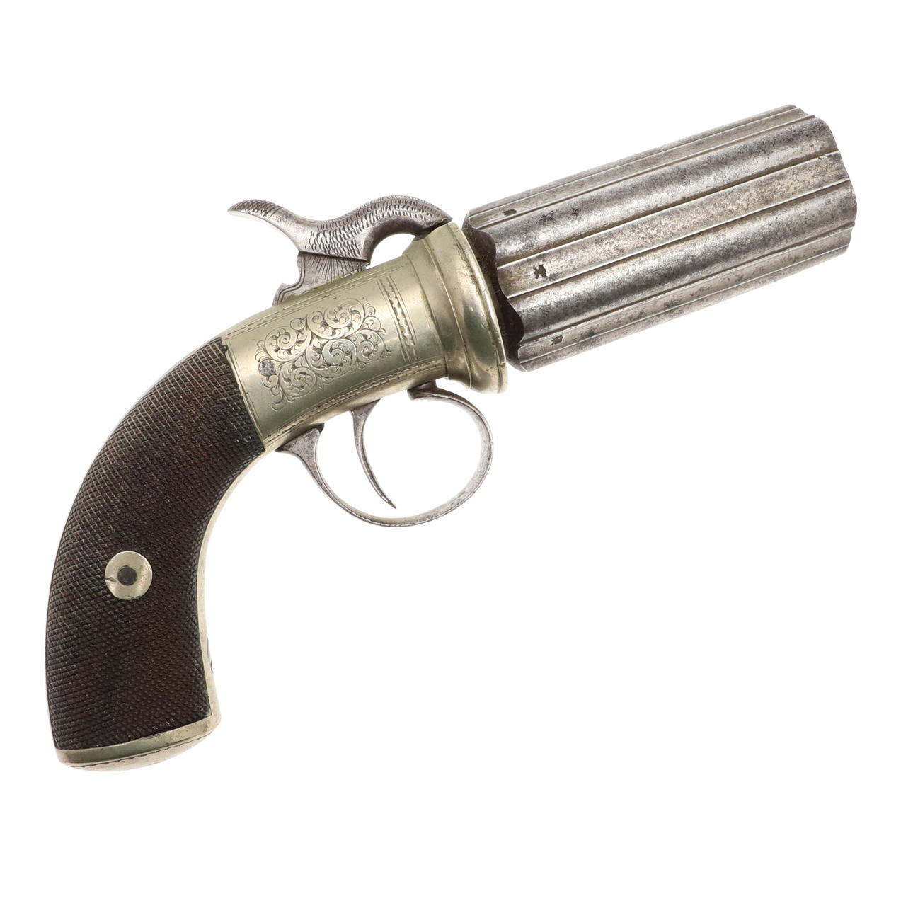 AN UNUSUAL 19TH CENTURY SIX SHOT PERCUSSION 'PEPPER POT' REVOLVER ...