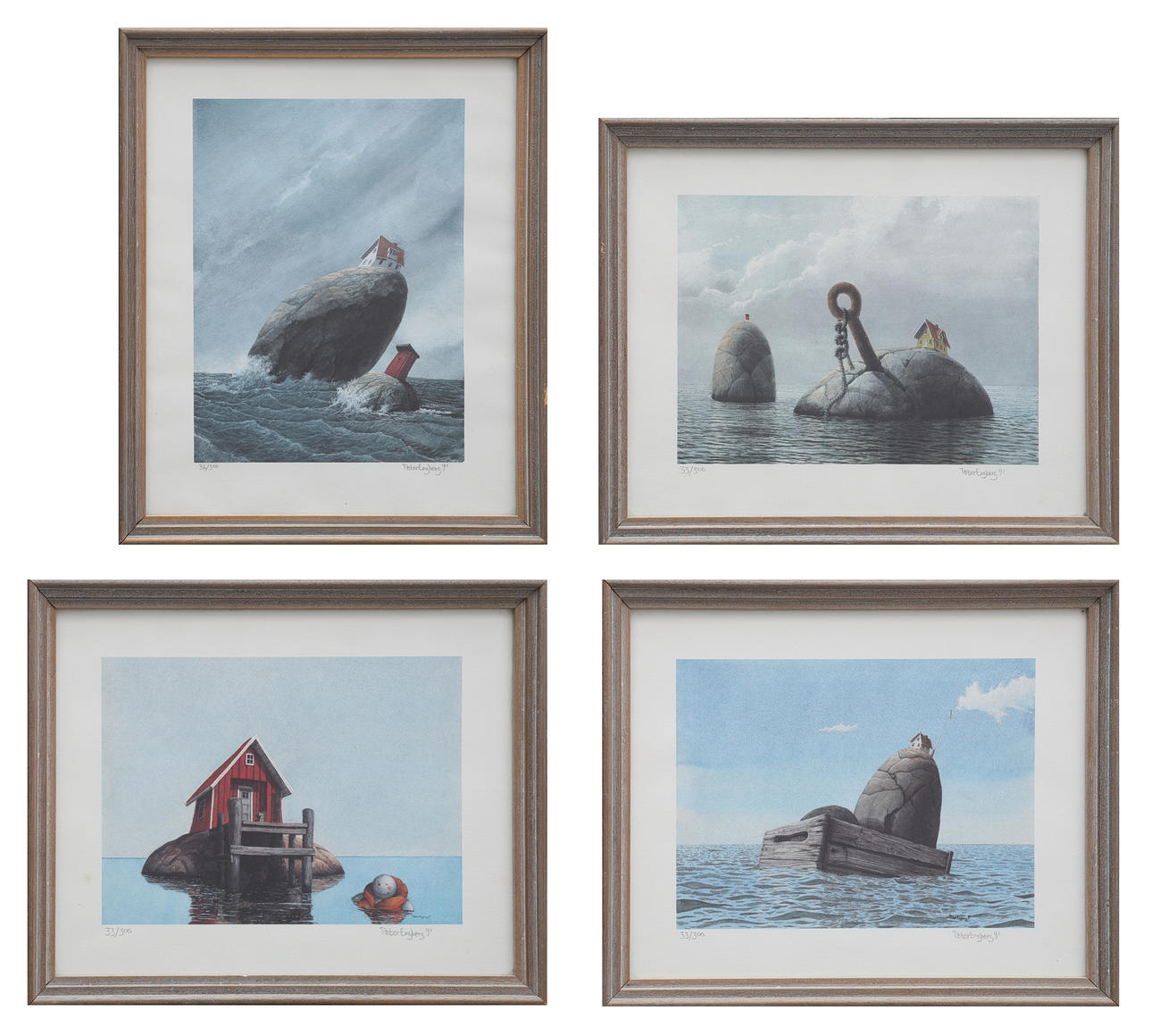 PETER ENGBERG. OFFSET PRINTS, 4 PIECES, ARCHIPELAGO MOTIFS, SIGNED & NUMBERED.