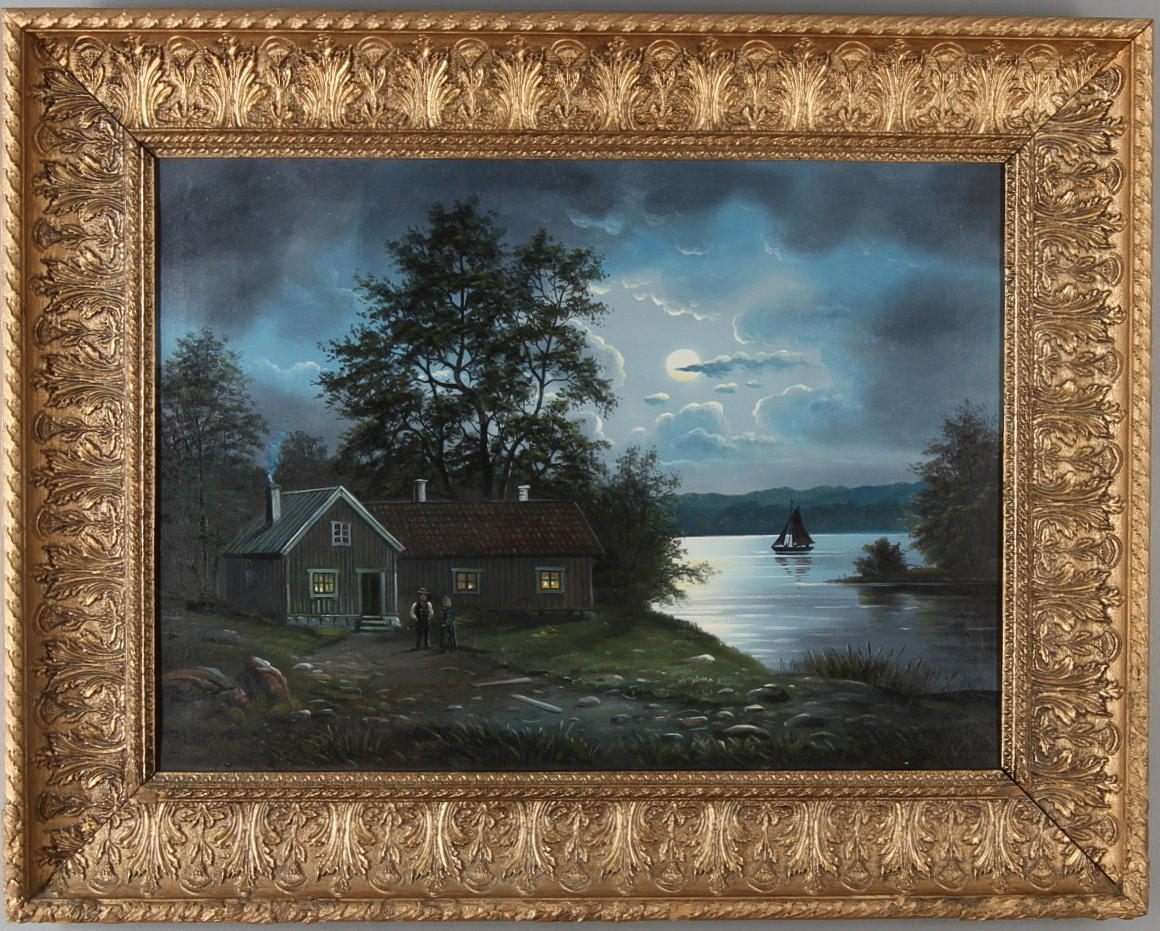 OIDENTIFIERAD KONSTNÄR. Stuga vid vatten, olja på duk.