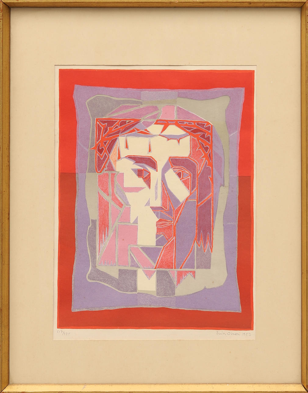 ERIK OLSON. Cubist face, signed, numbered 217/225 and dated 1953.